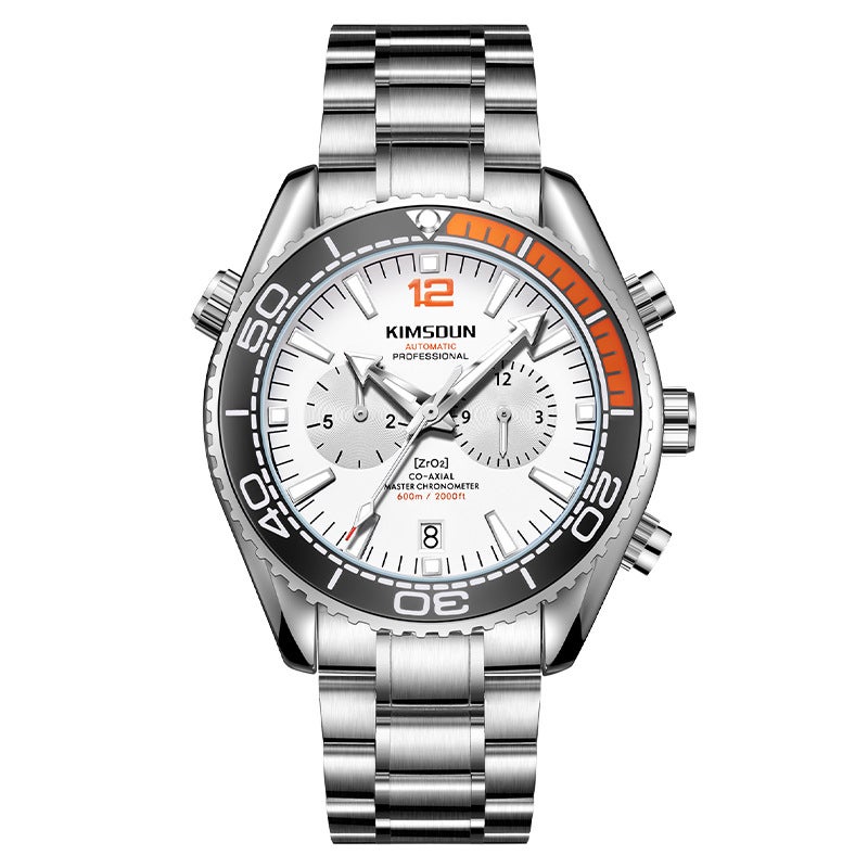 New Kingston Automatic Mechanical Mens Watch Waterproof Silver shell orange ring white face 