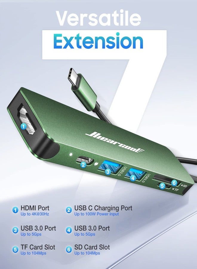 حركول موزع USB-C من Hiearcool، محول USB-C، محول متعدد المنافذ 7 في 1 من USB-C إلى HDMI، متوافق مع Thunderbolt 3 و4، أجهزة MacBook Pro وAir، أجهزة Dell وLenovo وHP المحمولة وغيرها من أجهزة Type C - أخضر - Image 2