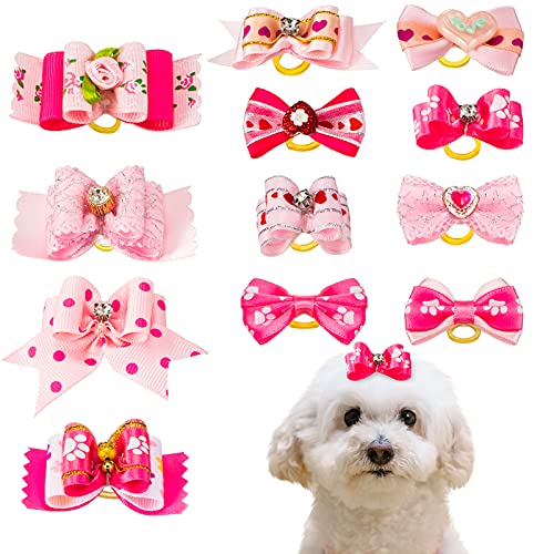 Mtlee 12 Pieces Dog Bows Small Size Dog for Puppy Hair with Rubber Bands Cute Pink Doggies Cat Topknot Headdress with Rhinestones Pet Hair Accessories for Pet Lover Mom Birthday Gifts - Image 1