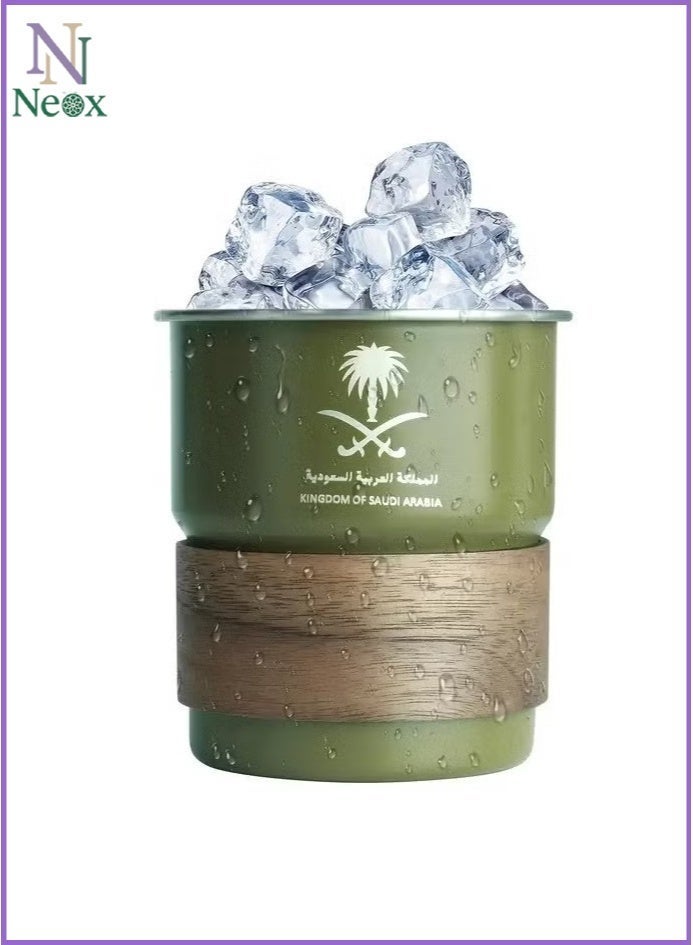 Neox 304 Stainless Steel Mug Cold Drink Cup - Saudi Logo Design, Tea Cup Portable Coffee Mug for Hot and Cold Drinks, Includes Straw and Heat Resistant Lid for Home and Outdoor Camping (Army Green, 300ml) - Image 1