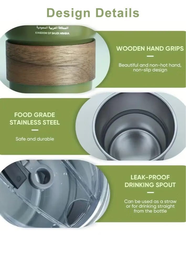 Neox 304 Stainless Steel Mug Cold Drink Cup - Saudi Logo Design, Tea Cup Portable Coffee Mug for Hot and Cold Drinks, Includes Straw and Heat Resistant Lid for Home and Outdoor Camping (Army Green, 300ml) - Image 3