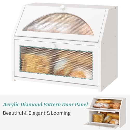 Vriccc Bread Box, Bamboo Wood Bread Box for Kitchen Counter, Double-layer Bread Storage Bin, Acrylic glass with Diamond Patterns (White, Large) - Image 5