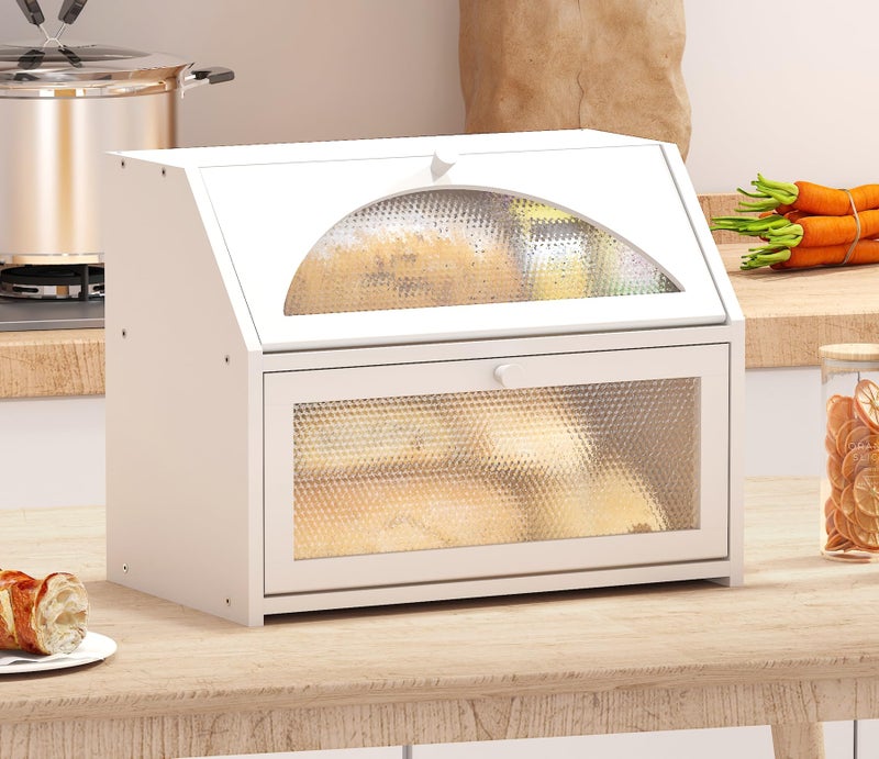 Vriccc Bread Box, Bamboo Wood Bread Box for Kitchen Counter, Double-layer Bread Storage Bin, Acrylic glass with Diamond Patterns (White, Large) - Image 1