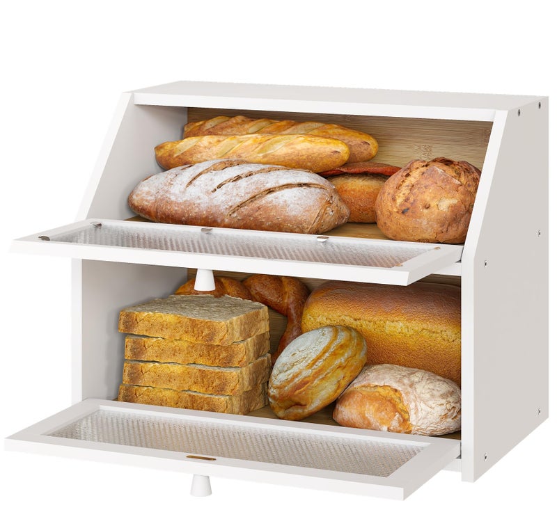 Vriccc Bread Box, Bamboo Wood Bread Box for Kitchen Counter, Double-layer Bread Storage Bin, Acrylic glass with Diamond Patterns (White, Large) - Image 4