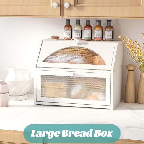 Vriccc Bread Box, Bamboo Wood Bread Box for Kitchen Counter, Double-layer Bread Storage Bin, Acrylic glass with Diamond Patterns (White, Large) - Image 3