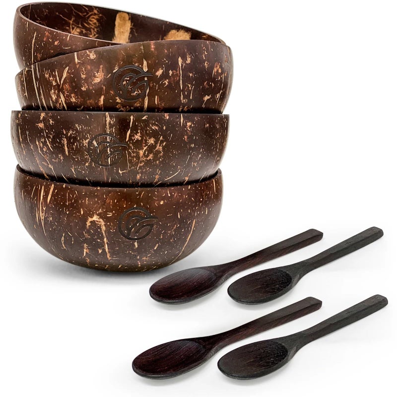 purpleclay Polished Coconut Bowls and Wooden Spoons Set of 4