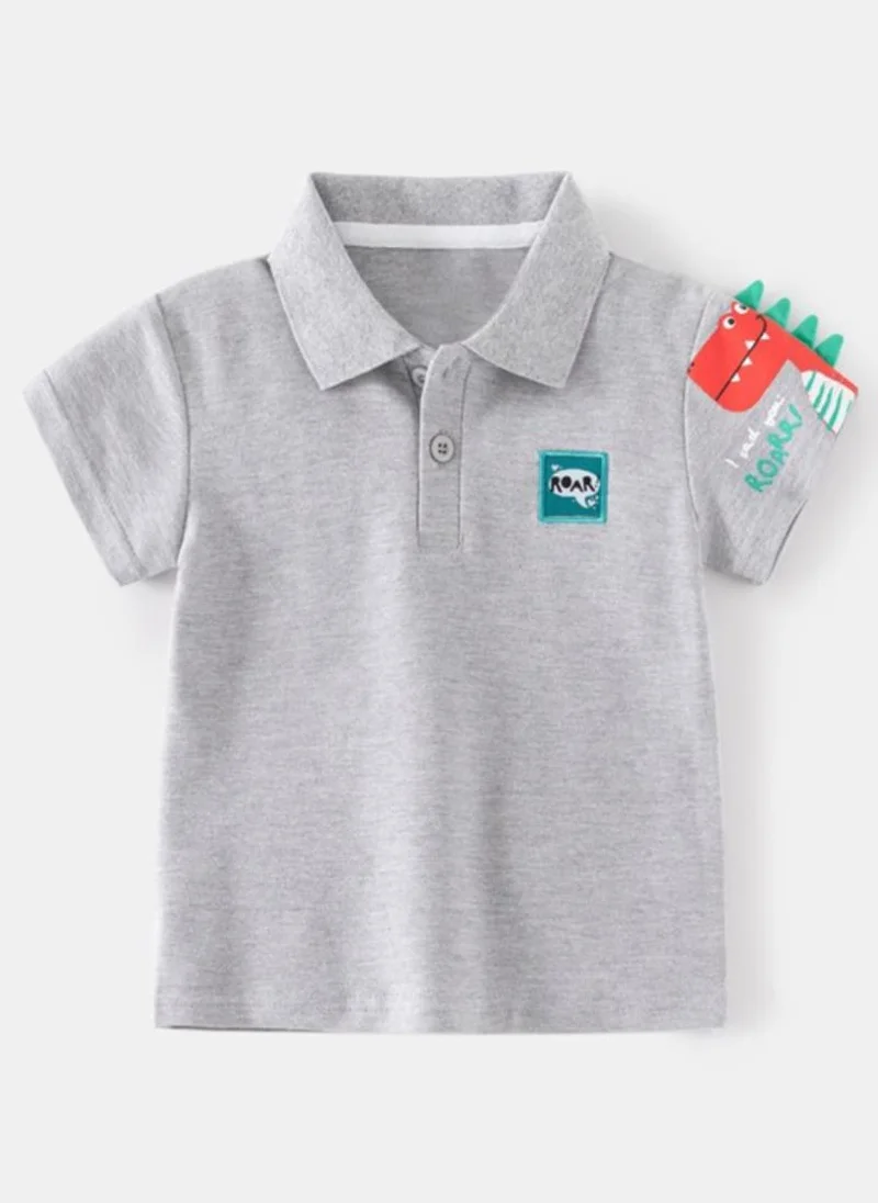 YUNIQEE Grey Polo Collar Pure Cotton Applique T-shirt