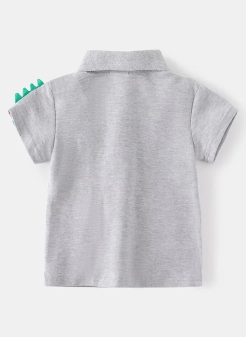 YUNIQEE Grey Polo Collar Pure Cotton Applique T-shirt