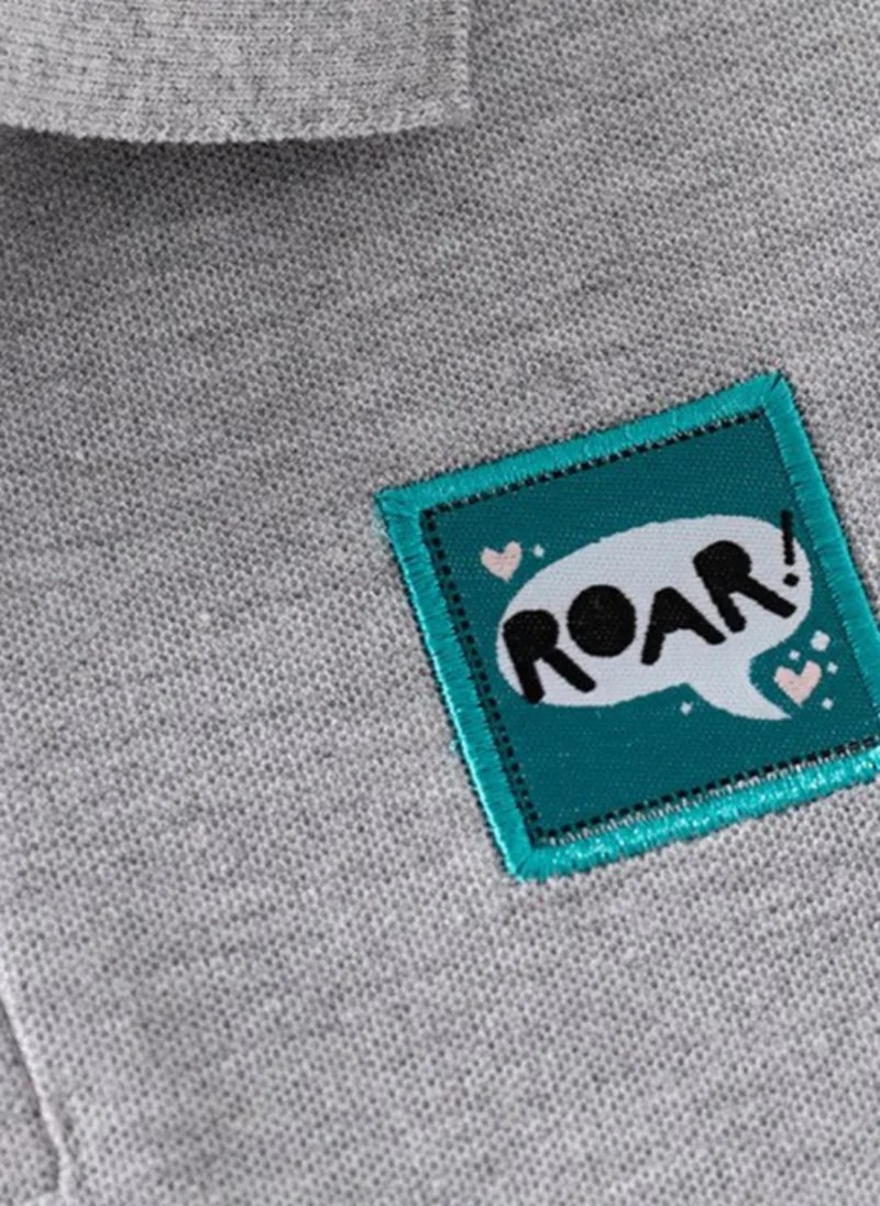 يونيكي Grey Polo Collar Pure Cotton Applique T-shirt