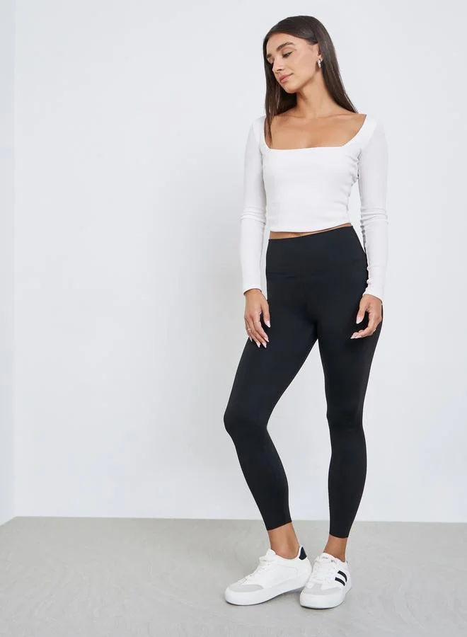 Styli Solid Black Leggings with Elastic Waistband