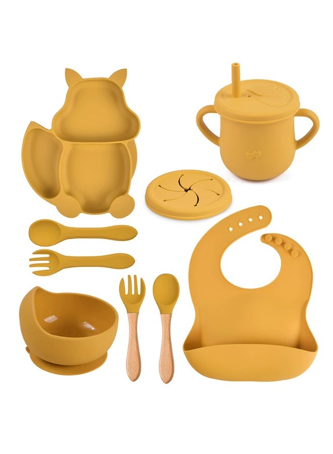 8 Pcs Baby Feeding Set, Food-grade Silicone Baby Tableware Set, Squirrel Baby Cutlery and Plates Set, Non-Slip Infant Dinnerware Set, Baby Self Feeding Utensils
