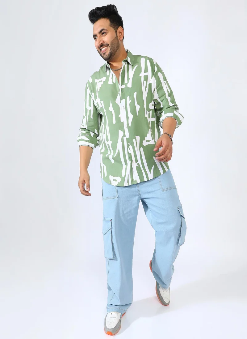Instafab Plus  Men's Sage Green Abstract Print Shirt for Men | Best Price UAE