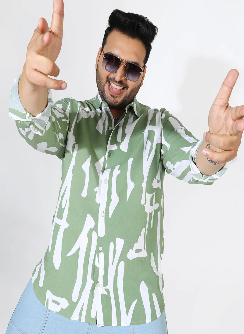 Instafab Plus Men's Sage Green Abstract Print Shirt