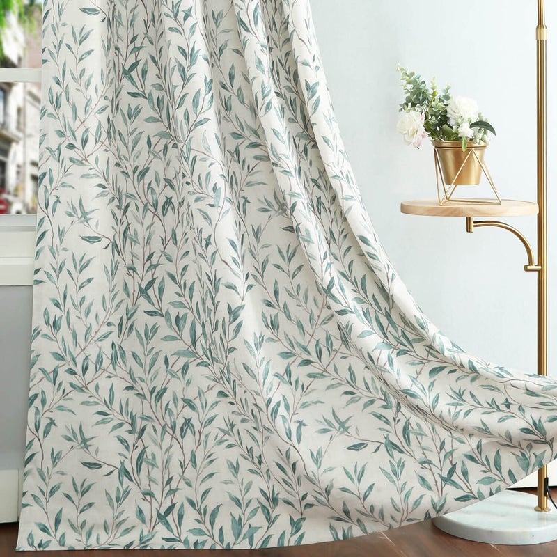 Faux Linen Botanical Leaf Print Curtains, 52 x 96, 1 Panel, Green - Image 1