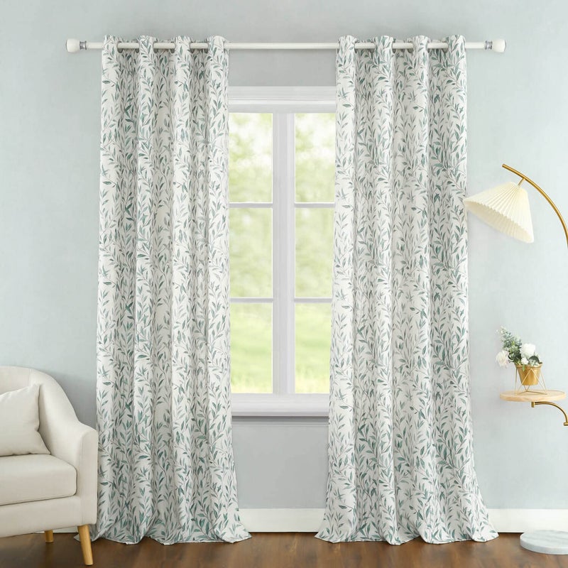 Faux Linen Botanical Leaf Print Curtains, 52 x 96, 1 Panel, Green - Image 2