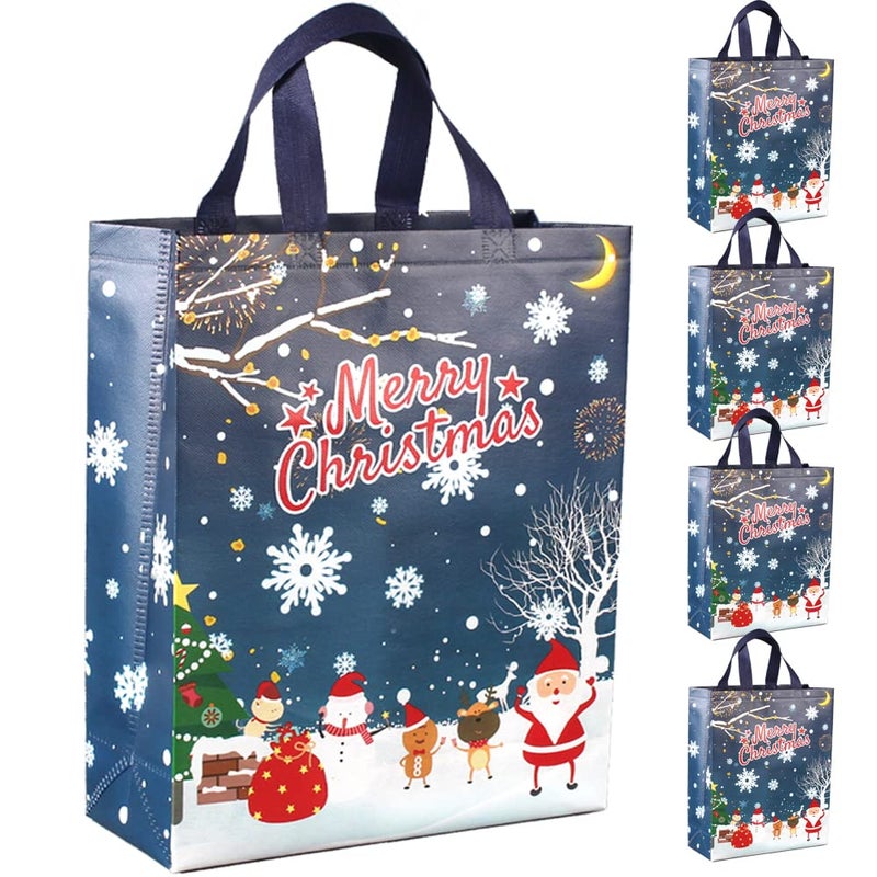 DOJoykey 5pcs Christmas Tote Bags Blue Nonwoven Fabric Gift Bags Large Size with Handle for Xmas Gift Delivering Shopping Party Decoration