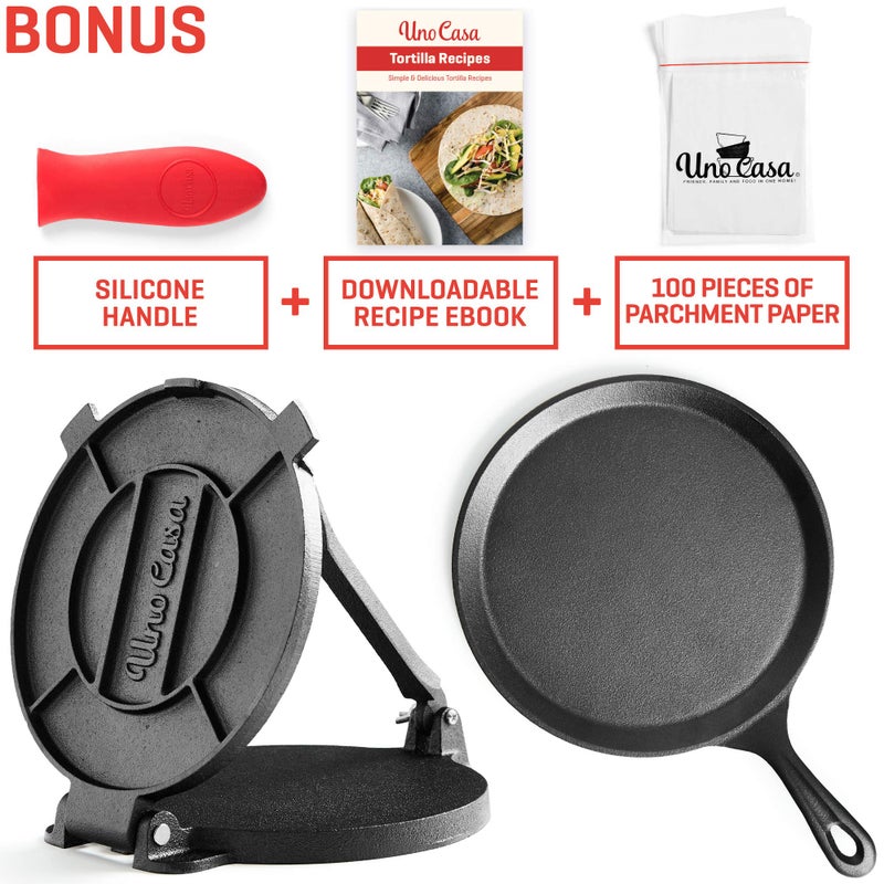 Uno Casa Cast Iron Tortilla Press 8 Inch - Bundle of Skillet for Roti / Comal Pan, Tawa / Dosa Pan Pataconera, Comales para Tortillas - Image 4
