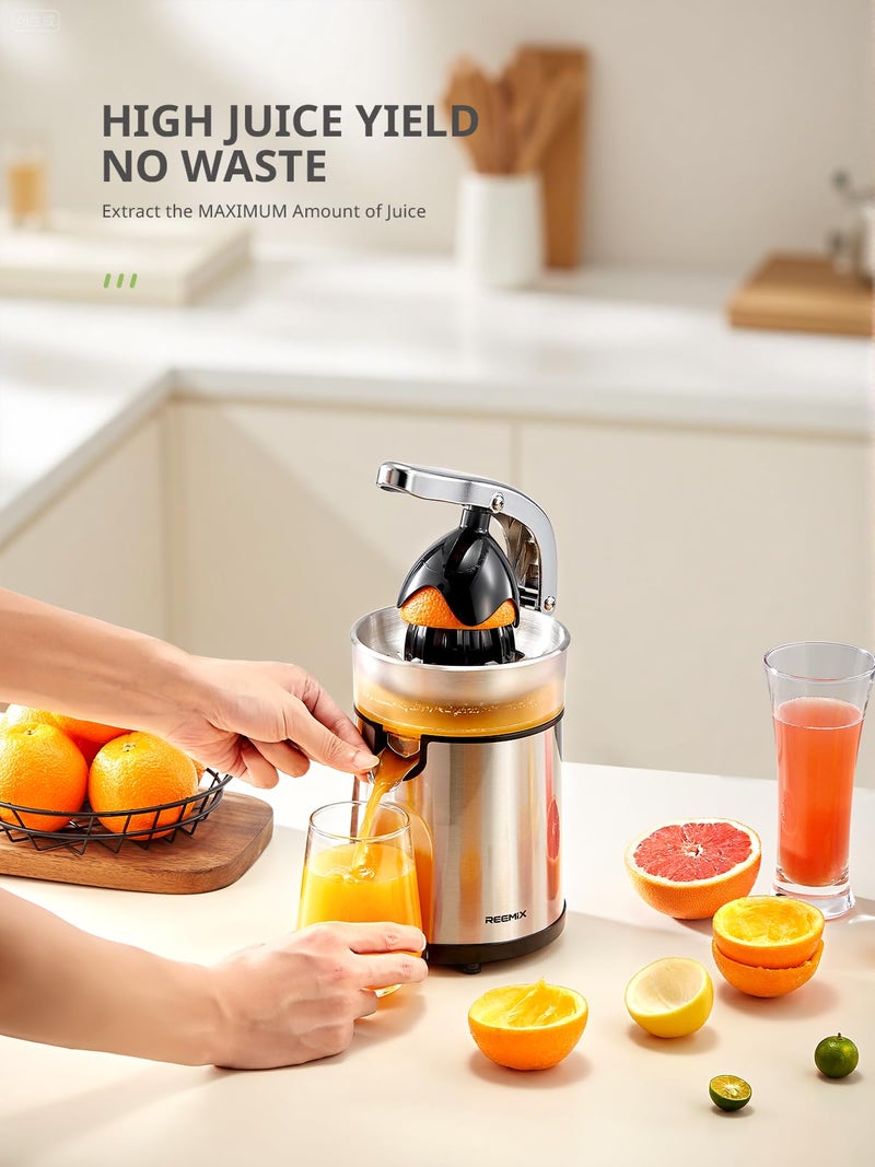 Reemix Electric Citrus Juicer Squeezer, Orange Juicer with Two Interchangeable Cones, Suitable for orange, lemon and Grapefruit, Brushed Stainless Steel, Easy to Clean and Use (Stainless Steel) - Image 4