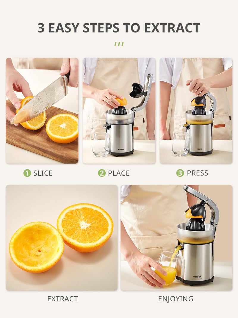 Reemix Electric Citrus Juicer Squeezer, Orange Juicer with Two Interchangeable Cones, Suitable for orange, lemon and Grapefruit, Brushed Stainless Steel, Easy to Clean and Use (Stainless Steel) - Image 5