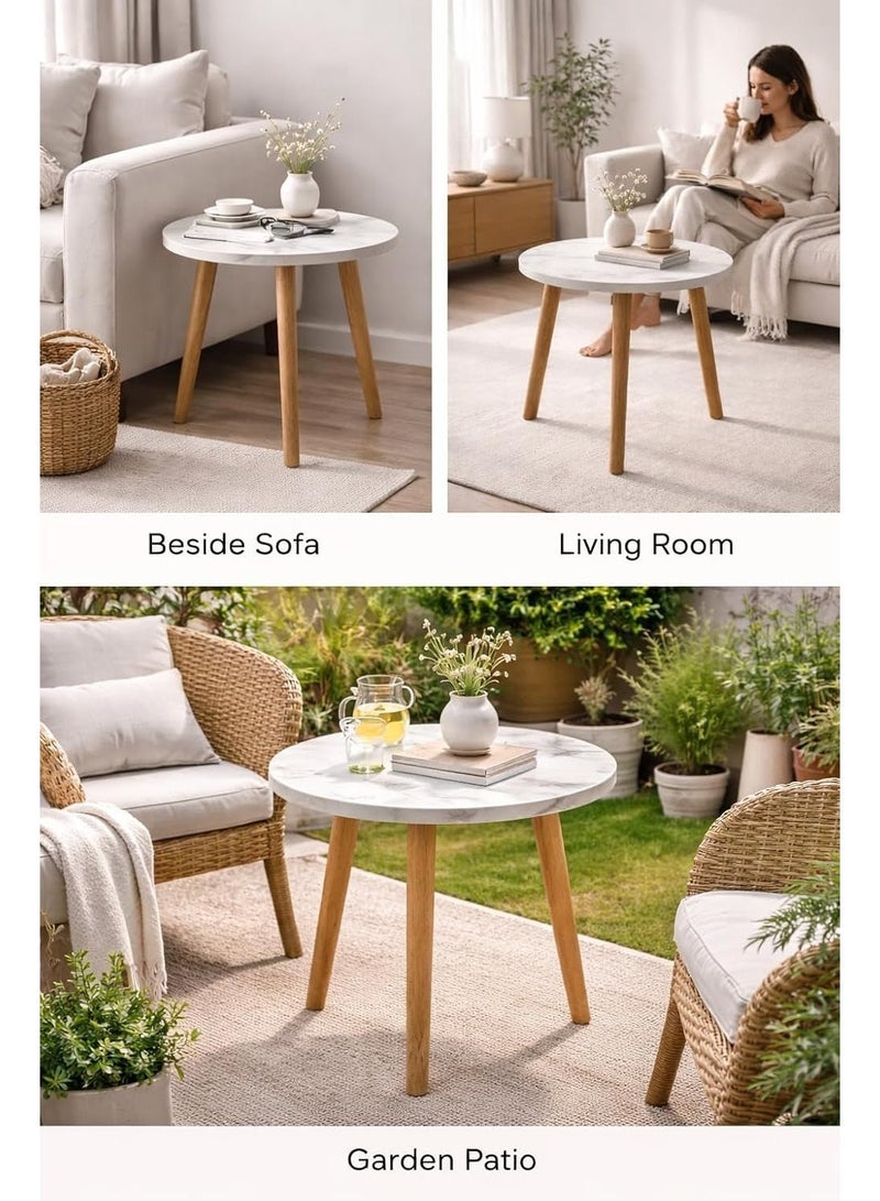 توشيونيكس طاولة جانبية مستديرة بسطح رخامي 60×50 سم - طاولة قهوة جانبية بسطح من خشب MDF مع 3 أرجل خشبية، طاولة مميزة لغرفة المعيشة، الحديقة، الشرفة، أو بجانب الأريكة، مثالية لتزيين المنزل - أبيض - Image 4