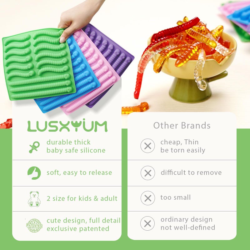 LUSHYUM قوالب ديدان جومي من لوشيوم سيليكون 6 مل 14 مل، 4 قطع قوالب ديدان كبيرة غير لاصقة للشوكولاتة والحلويات الجومي 60 تجويف مع 2 قطارة وفرشاة، هدية مثالية للأطفال والبالغين في حفلة الهالوين - Image 4
