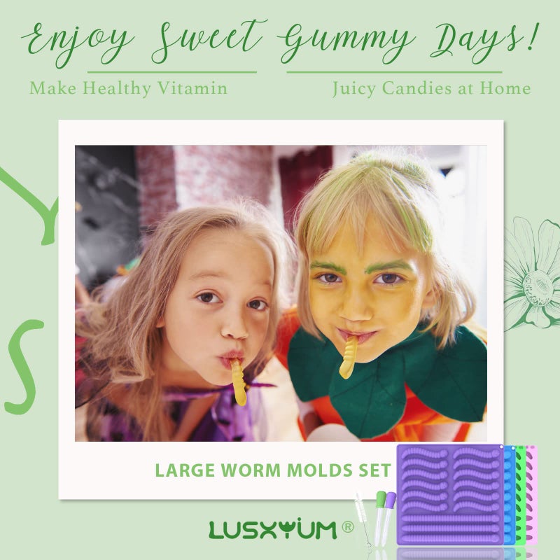 LUSHYUM قوالب ديدان جومي من لوشيوم سيليكون 6 مل 14 مل، 4 قطع قوالب ديدان كبيرة غير لاصقة للشوكولاتة والحلويات الجومي 60 تجويف مع 2 قطارة وفرشاة، هدية مثالية للأطفال والبالغين في حفلة الهالوين - Image 5