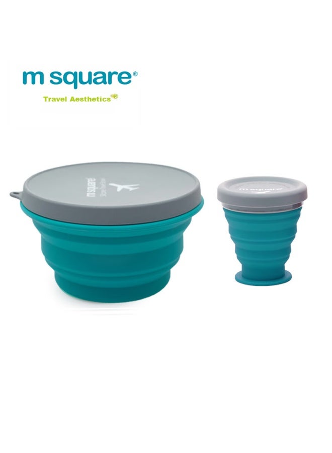 M Square Folding Bowl, Silicone Cup, Travel Portable, Food-grade Baby Bowl, Camping Picnic, Clear Water Blue Medium Cup + Large Bowl - Image 1