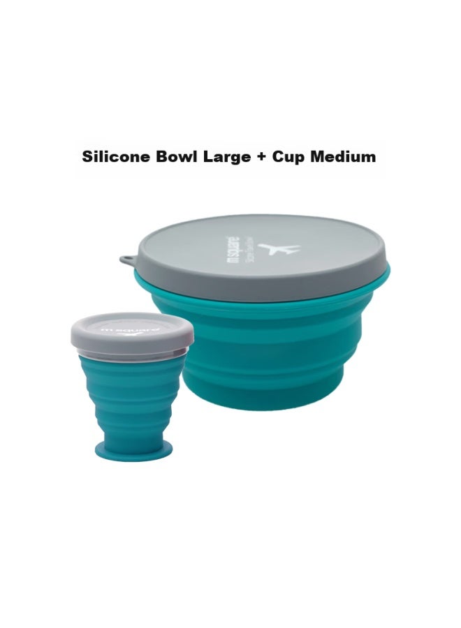 M Square Folding Bowl, Silicone Cup, Travel Portable, Food-grade Baby Bowl, Camping Picnic, Clear Water Blue Medium Cup + Large Bowl - Image 2
