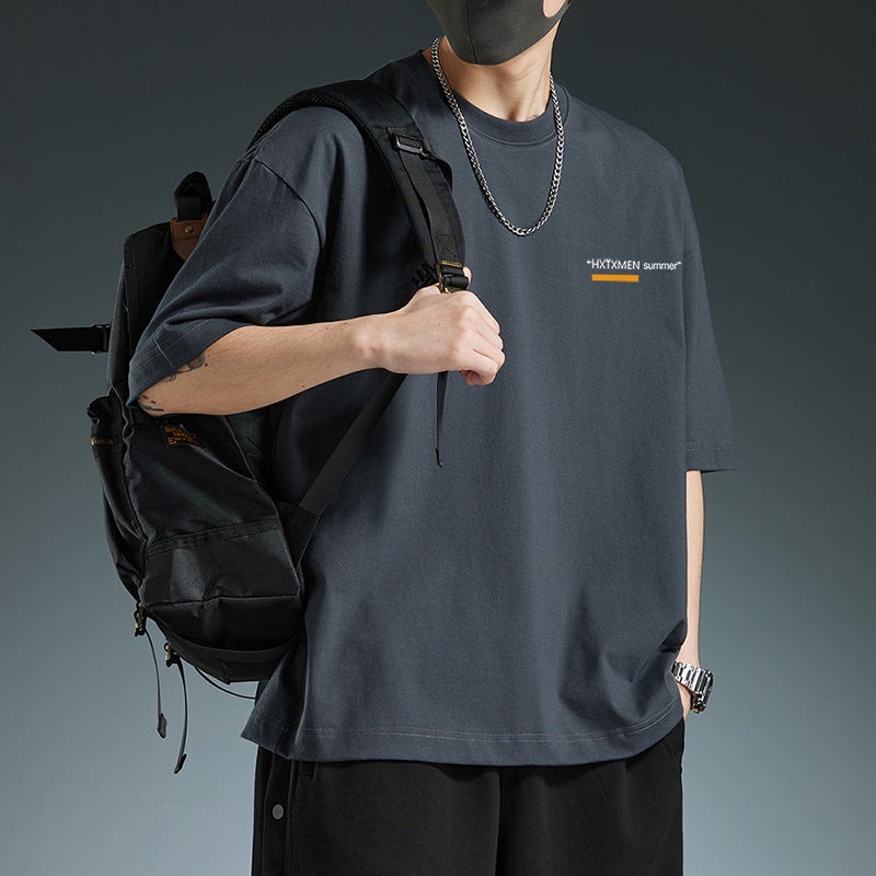 Summer Men's T-shirt Fashionable Brand Loose Shoulder Version high quality Short-sleeved Japanese Style Hong Kong Style Fashionable Base T-shirt for Boys - Image 2