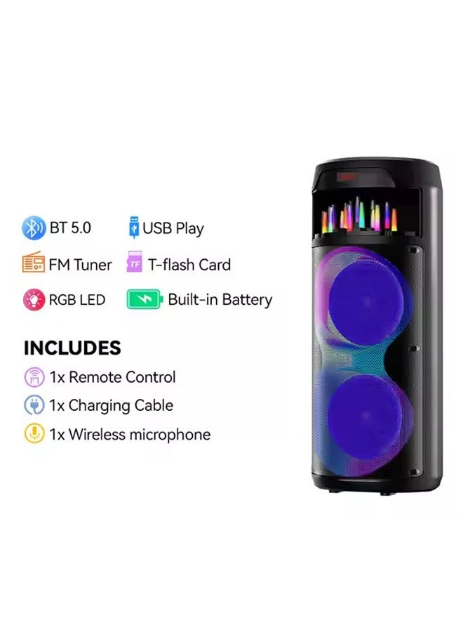 Portable Party Speaker With Wireless Mic Powerful Sound Built-In DJ Lights LED Display Bluetooth FM USB Functions Built In Lights  Splashproof  Guitar Mic Inputs  Rechargeable Battery  Black  - Image 3