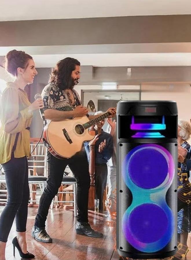 Portable Party Speaker With Wireless Mic Powerful Sound Built-In DJ Lights LED Display Bluetooth FM USB Functions Built In Lights  Splashproof  Guitar Mic Inputs  Rechargeable Battery  Black  - Image 1