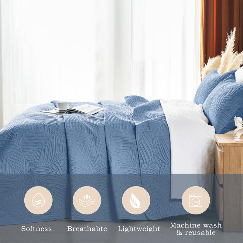 OARAGE Queen Quilt Bedding Set Soft Lightweight Bluish Grey Bedspread with Leaf Pattern,Ultrasonic Microfiber Bed Coverlet Full Size for All Season (1 Quilt, 2 Shams) - Image 2