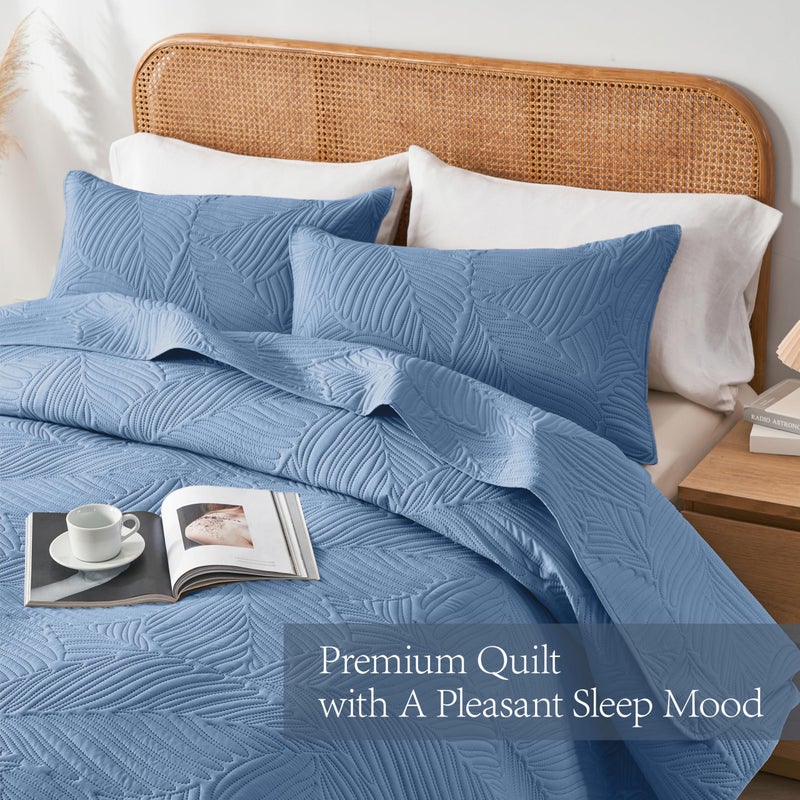 OARAGE Queen Quilt Bedding Set Soft Lightweight Bluish Grey Bedspread with Leaf Pattern,Ultrasonic Microfiber Bed Coverlet Full Size for All Season (1 Quilt, 2 Shams) - Image 5