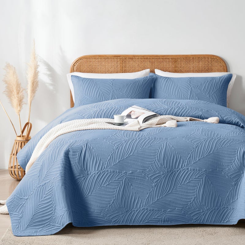 OARAGE Queen Quilt Bedding Set Soft Lightweight Bluish Grey Bedspread with Leaf Pattern,Ultrasonic Microfiber Bed Coverlet Full Size for All Season (1 Quilt, 2 Shams) - Image 1