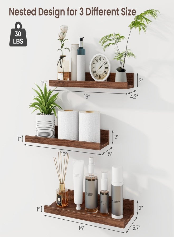Axeman Picture Ledge Shelf | 16 Inch Walnut Floating Shelves Set of 3 | Rustic Wood Wall Shelves with Lip | 16" Walnut Picture Shelf for Wall with Ledge | Photo Shelves - Image 3
