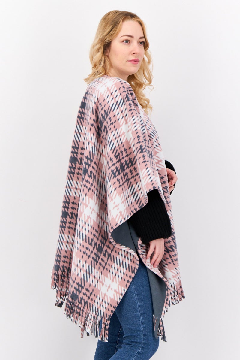 London Fog Women Plaid Open Front Poncho, Pink  - Image 2