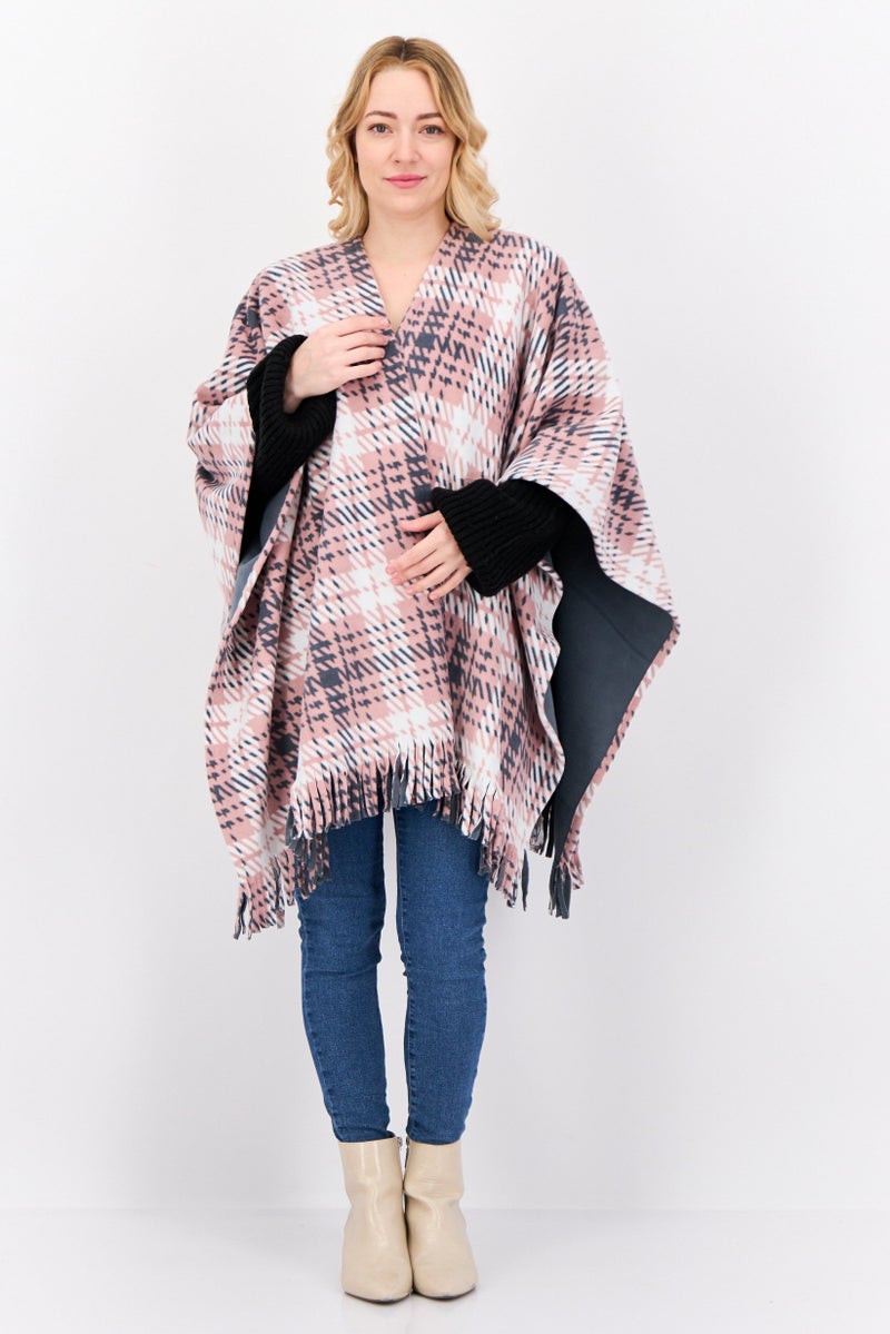 London Fog Women Plaid Open Front Poncho, Pink  - Image 4