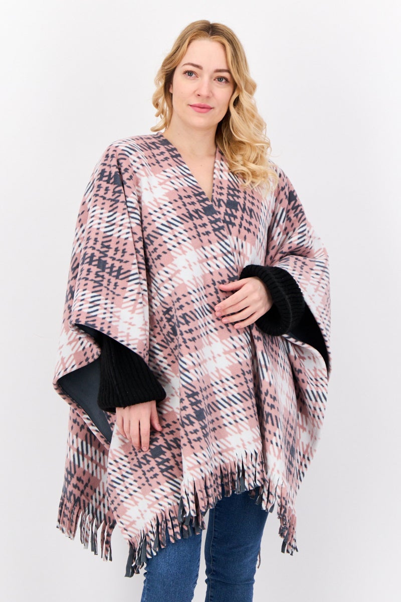 London Fog Women Plaid Open Front Poncho, Pink  - Image 1