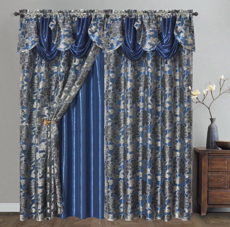 GOHD Golden Ocean Home Decor GOHD Royal ROSARIUM Clipped VoileFarmhouse Jacquard Window Curtain with Attached Fancy Valance and Taffeta Backing 2pcs SetEach pc 54 inch Wide x 84 inch Drop  18 inch Valance Nightsky Blue