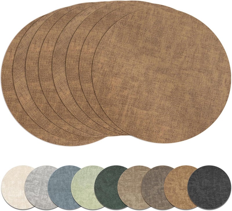 NCUE 13" Round Placemats Set of 8, Reversible Faux Leather Heat Resistant Table Mats, Waterproof Oilproof Wipeable Table Protective Placemats for Vinyl, Washable for Indoor & Outdoor Use (8, Light Brown) - Image 1