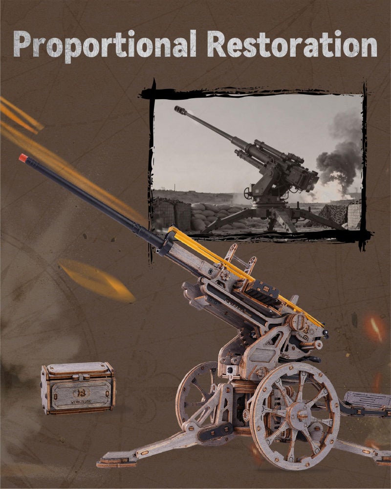ROKR Anti-Aircraft Gun Mechanical Model Gun Kit, 3D Wooden Puzzles for Adults, DIY Rubber Band Guns Toy, DIY Building Model Kits - Image 3
