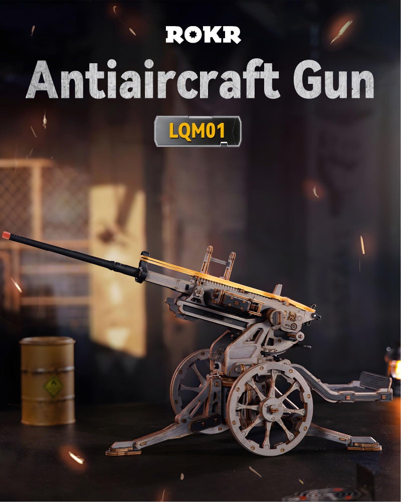 ROKR Anti-Aircraft Gun Mechanical Model Gun Kit, 3D Wooden Puzzles for Adults, DIY Rubber Band Guns Toy, DIY Building Model Kits - Image 2