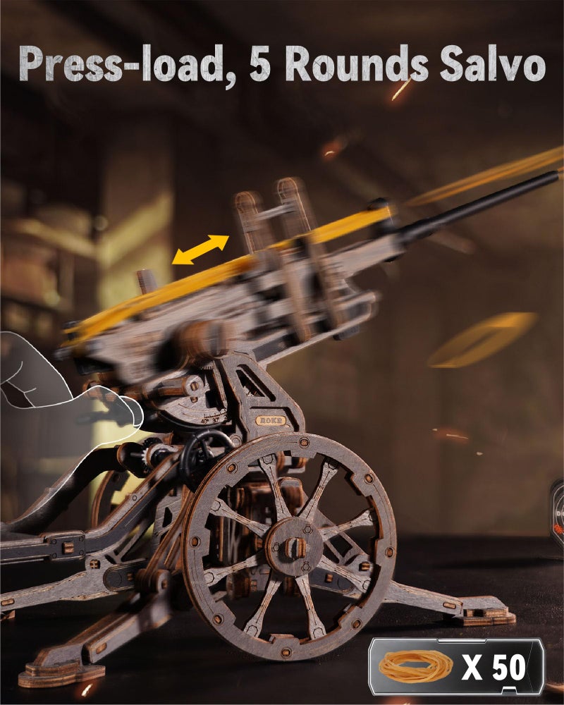 ROKR Anti-Aircraft Gun Mechanical Model Gun Kit, 3D Wooden Puzzles for Adults, DIY Rubber Band Guns Toy, DIY Building Model Kits - Image 4