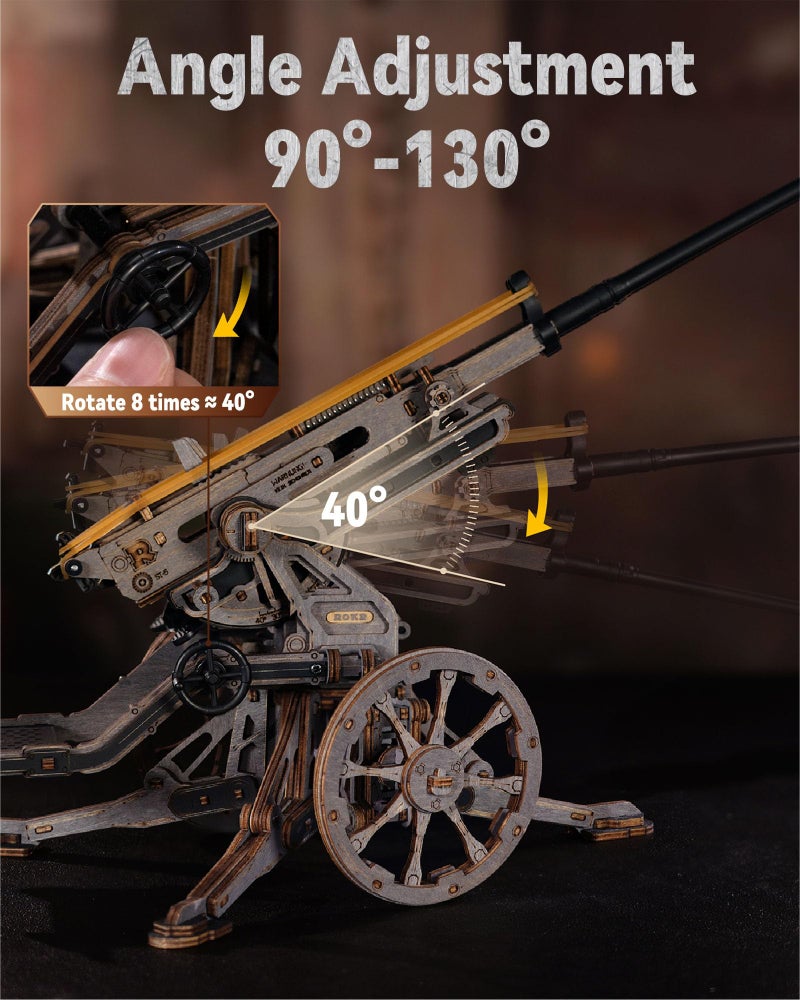 ROKR Anti-Aircraft Gun Mechanical Model Gun Kit, 3D Wooden Puzzles for Adults, DIY Rubber Band Guns Toy, DIY Building Model Kits - Image 5