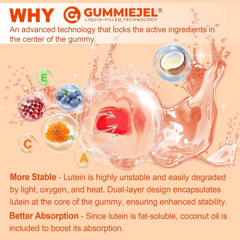 NEVISS مكملات لوتين وزياكسانثين خالية من السكر جومي 25 ملغ فيتامينات A C E توت بري أستازانتين زيت جوز الهند لامتصاص أفضل للبالغين والمراهقين صحة الرؤية إجهاد العين جفاف العين نباتي 60 حبة - Image 3