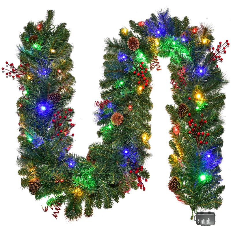 Christmas Garland with Lights 9FT Lighted Christmas Garland Battery Powered 8 Lighting Modes 50 LED Lights Garland Red Berry Christmas Pine Cone for Stairs Front Door Christmas Decor