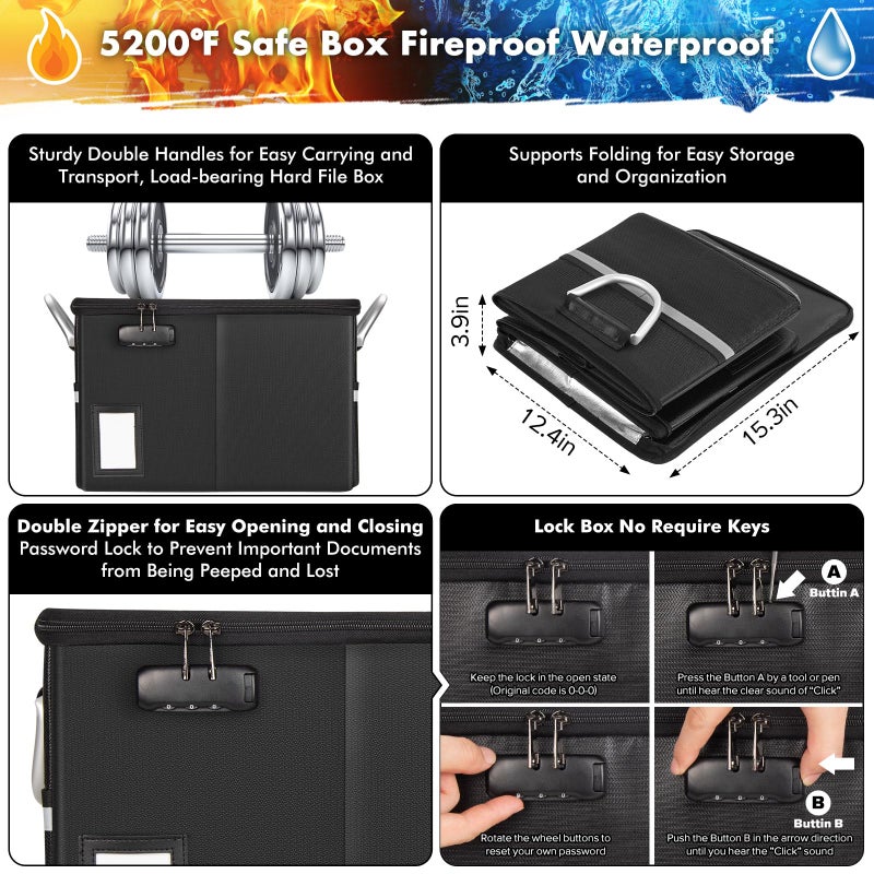 TOMKID 5200Â°F Fireproof Document Box, Fire Important Document Organizer with Lock, Upgraded Heat Insulated Filing Storage Cabinet Office Organization (5200Â°F Fireproof Box, Black) - Image 2