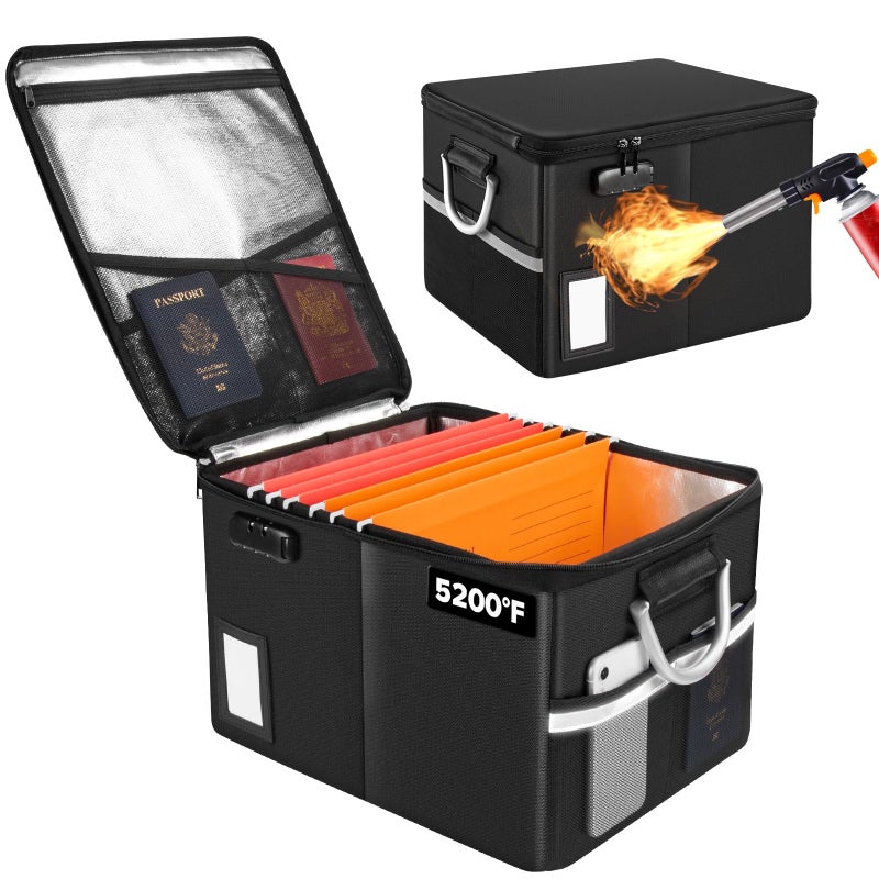 TOMKID 5200Â°F Fireproof Document Box, Fire Important Document Organizer with Lock, Upgraded Heat Insulated Filing Storage Cabinet Office Organization (5200Â°F Fireproof Box, Black) - Image 1