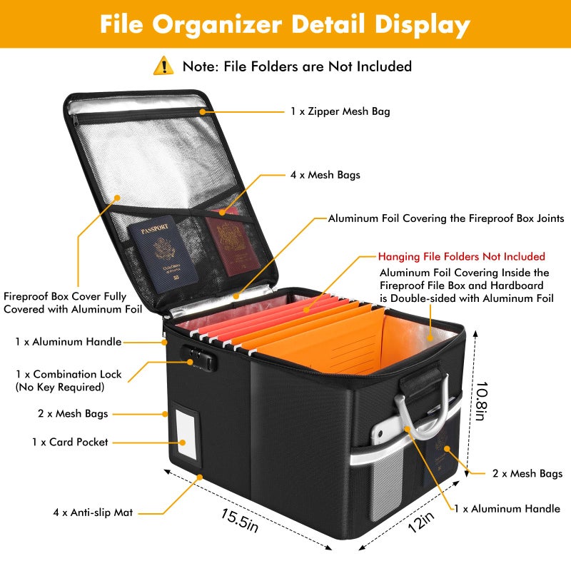 TOMKID 5200Â°F Fireproof Document Box, Fire Important Document Organizer with Lock, Upgraded Heat Insulated Filing Storage Cabinet Office Organization (5200Â°F Fireproof Box, Black) - Image 3