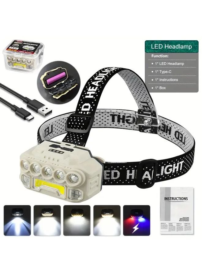 Set 1 Super Bright LED Headlamp Type C Rechargeable 5 Modes 18650 Battery Head Torch - Image 1